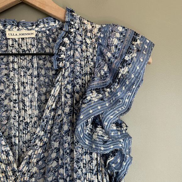 Ulla Johnson Nyssa Dress Sky Blue Silk Size 2 Ruffles Metallic Smocked Chic Boho - Picture 10 of 16